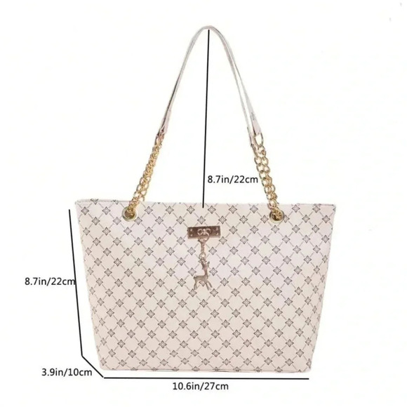 ⚠️Clearance Beige White Patterned Large Tote Shoulder Bag Gold Pendant - Picture 11 of 11